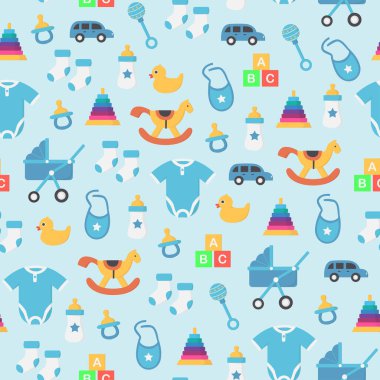 Çeşitli erkek bebek ekipmanlarının kusursuz yinelenen kalıpları