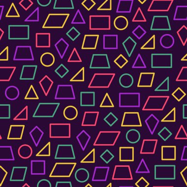 Çeşitli şekillerin kusursuz deseni, siyah bir arkaplanda çeşitli renklerdeki ana hatlar