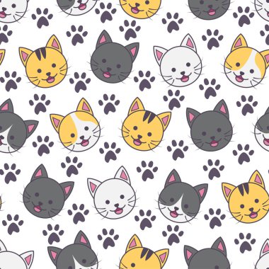 Siyah ayak izleri ve şeffaf bir arkaplan ile dekore edilmiş bir kedi koleksiyonunun kusursuz deseni
