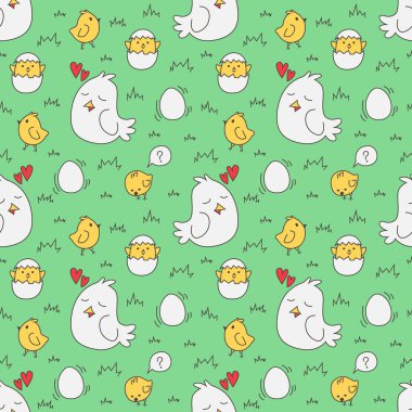 Kusursuz tavuk deseni, tavuk koleksiyonu, civciv ve yumurtalar arka plan gibi yeşil bir çimenlikte