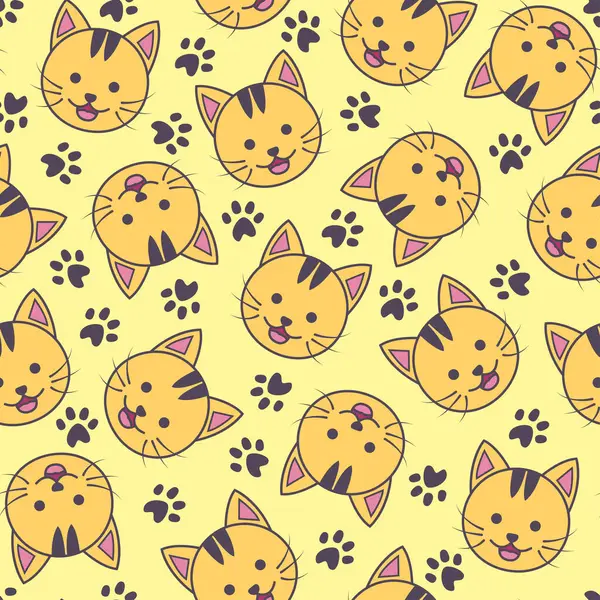 Siyah ayak izi dekorasyonu ve pastel sarısı arka planı olan kusursuz turuncu kedi deseni.