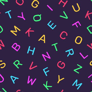 Koyu arkaplan ile alfabe harflerinin kusursuz deseni, çocuk desen tasarımı ihtiyaçları için uygun, baskı, moda, yüzey, ambalaj kağıdı, kapaklar ve diğerleri için