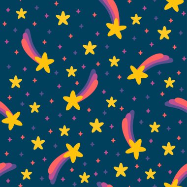 çocuk tasarım ihtiyaçları, kumaş, ambalaj kağıdı, tekstil, kumaş, dijital ve diğerleri için uygun, uzayda kayan yıldızların kusursuz deseni tekrarlanıyor