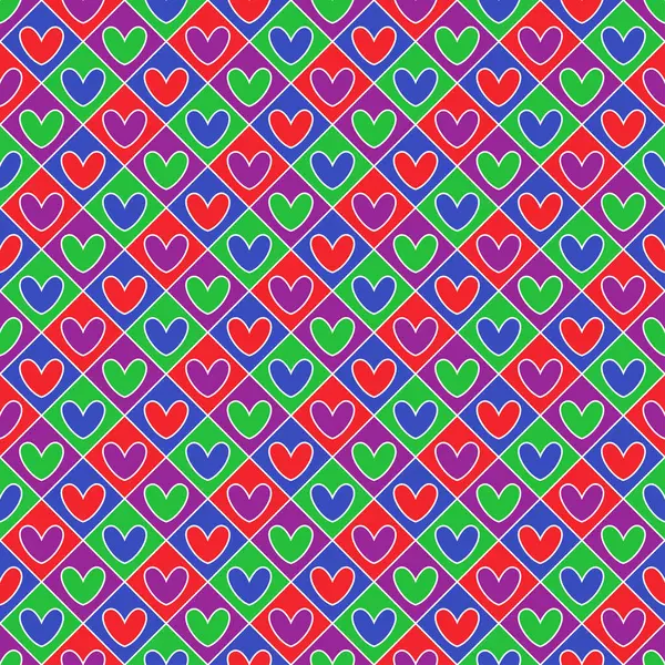 Renkli kalp şekillerinin kusursuz deseni beyaz çizgili.