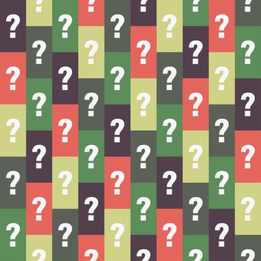 Renkli karelerde rastgele beyaz soru işareti deseni, gizemli kutu