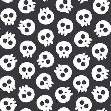 Siyah zemin üzerinde beyaz kafatası karikatür deseni, tekstil, giysi, kumaş, moda, ambalaj kağıdı ve diğerleri için uygun.