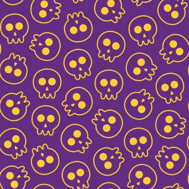 Mor arka planda sarı çizgili bir kafatası deseni, tekstil, kıyafet, kumaş, moda, ambalaj kağıdı ve diğerleri için uygun.