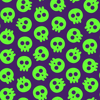 Mor arka planda, kumaş, giysi, kumaş, moda, ambalaj kağıdı ve benzeri tasarımlar için uygun, kusursuz desenli yeşil kafatası.