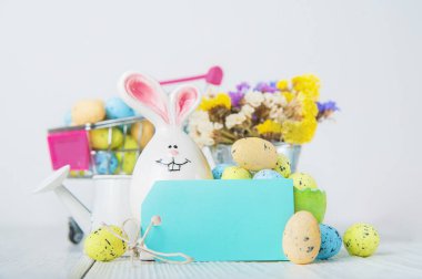 Mutlu Paskalya tebrik kartları. Tavşanlar, renkli yumurtalar, metin için etiketli bahar çiçekleri.