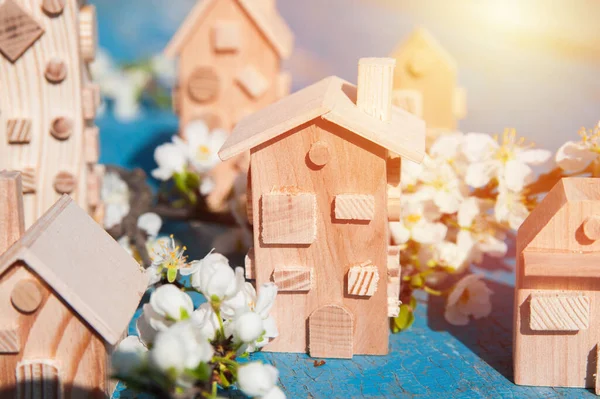 Blooming Spring Trees Miniature Wooden Houses Close Springtime Greeting Card — Foto Stock