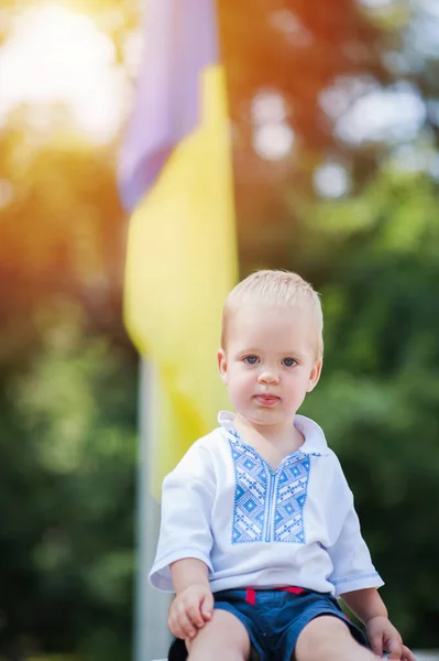 Menino Ucraniano Vyshyvanka Fundo Bandeira Amarelo Azul Ucraniana Verão — Fotografia de Stock