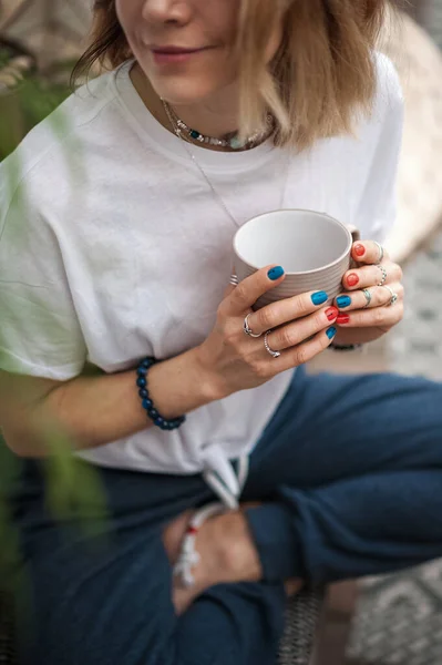 Attractive Woman Sitting Pensively Lonely Cup Tea Close Copy Space — Stock Photo, Image