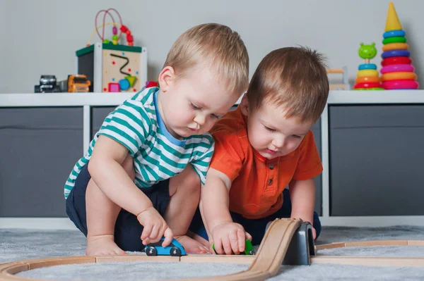Two Children Boy Play Together Toys Interior Childrens Room — Stockfoto