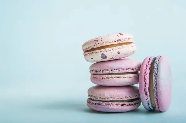 Pink Macaroons Blue Background Close Empty Space — Stock Photo, Image