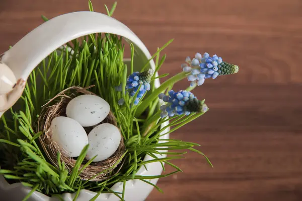 Праздником Пасхи Яйца Гнезде Цветы Мускари — стоковое фото