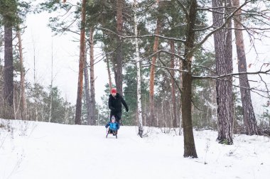 Baba ve oğul kışın kızak kayıyor..