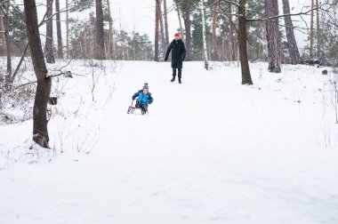 Baba ve oğul kışın kızak kayıyor..