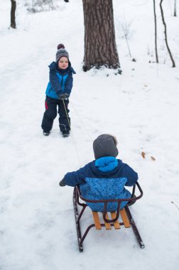 Kışın kayak yapan kardeşler. Kış açık hava aktivitesi.