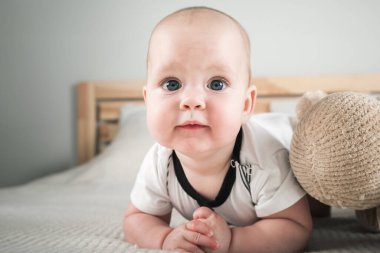 Oyuncak ayıyla battaniyede uzanan bebek.