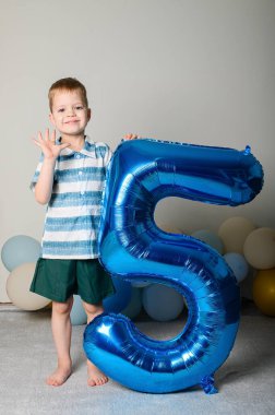 Beş Numaralı Balonlu Mutlu Beş Yaş Çocuğu.