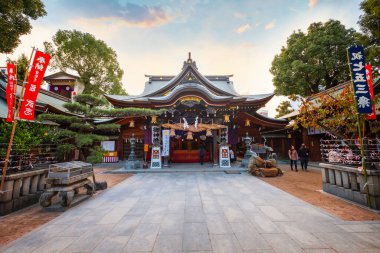 Fukuoka, Japan - Nov 20 2022: Kushida shrine in Hakata ward, founded in 757, the shrine dedicated to Amaterasu the goddess of the sun and Susanoo god of seas and storms, thunder and lightning