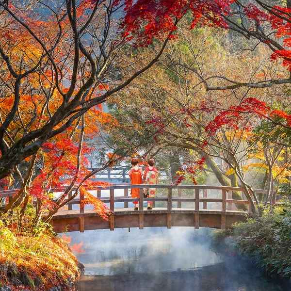 在著名的余福林度假村的一个公园里 穿着传统木卫一服装的日本艺妓女孩在秋天的风景中漫步 — 图库照片