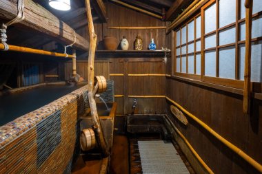 Kumamoto, Japonya - 22 Kasım 2022: Japonya 'nın en çekici kaplıca kentlerinden biri olan Kurokawa Onsen' de bir hamam.