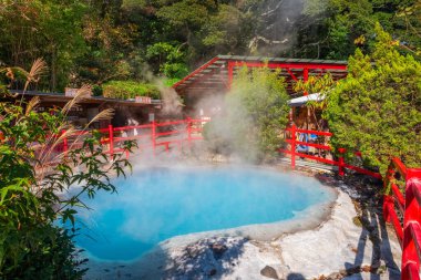 Beppu, Oita, Japonya 'da Kamado Jigoku kaplıcası. Kasaba onsen (kaplıcaları) ile ünlüdür. 8 büyük jeotermal noktaya sahiptir ve 
