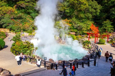 Beppu, Japonya - 25 Kasım 2022: Umi Jigoku kaplıcası, Beppu, Oita. Kasaba onsen (kaplıcaları) ile ünlüdür. Sekiz büyük jeotermal noktaya sahiptir ve 