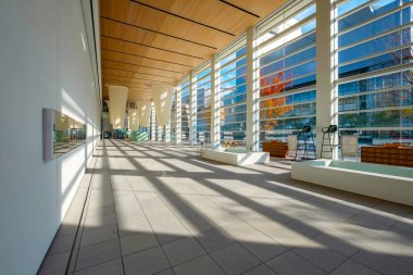 Oita, Japonya - 26 Kasım 2022: OPAM olarak da bilinen Oita İlçe Sanat Müzesi modern sergi alanları, sanatçılar stüdyoları, bir kafe ve müze dükkanı, Shigeru Ban tarafından tasarlandı.