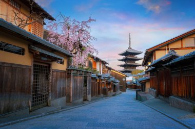 Japonya, Kyoto 'daki Yasaka Pagoda İlkbaharda kiraz çiçekleri açarken
