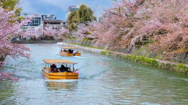 Kyoto, Japonya - 2 Nisan 2023: Okazaki Jikkokubune Boat Ride Nanzenji tekne iskelesinden Ebisu Barajı 'na ve gidiş dönüş yolculuğuna üç kilometre mesafede.