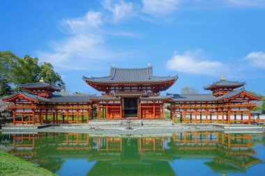 Kyoto, Japonya 'daki Phoenix Byodo-in Tapınağı ilkbaharda kiraz çiçekleri açarken