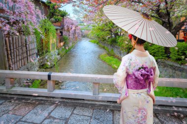 Geleneksel Kimono elbiseli genç Japon kadın Japonya 'nın Kyoto eyaletinin Gion ilçesinde Shirakawa nehri üzerindeki Tatsumi bashi köprüsünde geziniyor.