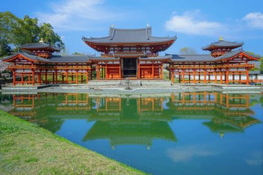 Kyoto, Japonya 'daki Phoenix Byodo-in Tapınağı ilkbaharda kiraz çiçekleri açarken