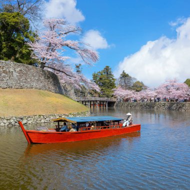 Shiga, Japonya - 3 Nisan 2023: Hikone Şatosu Yakatabune Gezisi, yeniden inşa edilmiş bir tekneyle kale hendeğini gezen bir turdur.