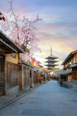 Japonya, Kyoto 'daki Yasaka Pagoda İlkbaharda kiraz çiçekleri açarken