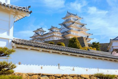 Japonya, Hyogo 'daki Himeji Kalesi' nde çiçek açan manzara.