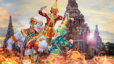 Tayland 'daki Khon Maskeli Dansı, UNESCOs Soyut Kültür Mirası ve Chai Wattanaram Tapınağı' ndaki bir savaş alanında alevler yakmak, Tayland, Ayuthaya 'daki UNESCO Dünya Mirası Alanı