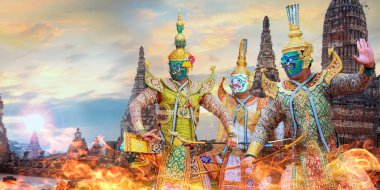 Tayland 'daki Khon Maskeli Dansı, Chai Wattanaram Tapınağı' ndaki UNESCO Soyut Kültür Mirası, Ayuthaya 'daki UNESCO Dünya Mirası Alanı, 3D ile çarpıcı bir savaş alanında alevler saçan 3 boyutlu