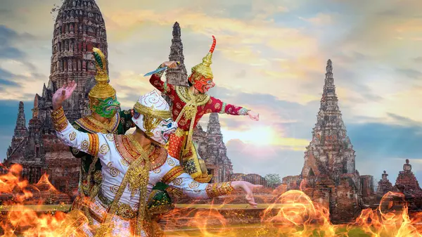 Tayland 'daki Khon Maskeli Dansı, Chai Wattanaram Tapınağı' ndaki UNESCO Soyut Kültür Mirası, Ayuthaya 'daki UNESCO Dünya Mirası Alanı, 3D ile çarpıcı bir savaş alanında alevler saçan 3 boyutlu