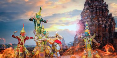 Tayland 'daki Khon Maskeli Dansı, Ayuthaya' daki UNESCO Dünya Mirası Alanı Chai Wattanaram Tapınağı ile UNESCO 'nun Soyut Kültür Mirası.