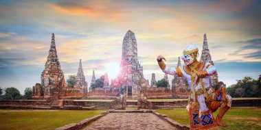 Khon Masked Dance in Thailand, a UNESCO Intangible Cultural Heritage with Chai Wattanaram Temple, a UNESCO World Heritage Site in Ayuthaya. clipart