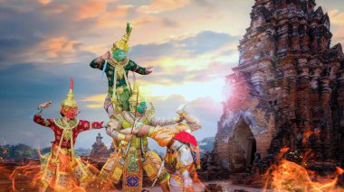 Tayland 'daki Khon Maskeli Dansı, Ayuthaya' daki UNESCO Dünya Mirası Alanı Chai Wattanaram Tapınağı ile UNESCO 'nun Soyut Kültür Mirası.