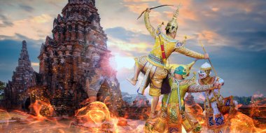 Tayland 'daki Khon Maskeli Dansı, Ayuthaya' daki UNESCO Dünya Mirası Alanı Chai Wattanaram Tapınağı ile UNESCO 'nun Soyut Kültür Mirası.