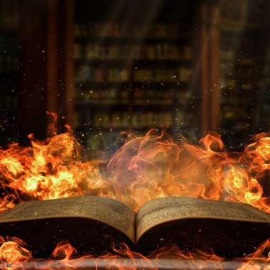 Kütüphanede 3 boyutlu alevler saçan antika bir kitap yatıyor.