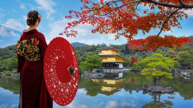 Japon Geleneksel Kimono Giyinen Kadın Kinkakuji 'de Kyoto, Japonya' da renkli sonbahar yapraklarıyla