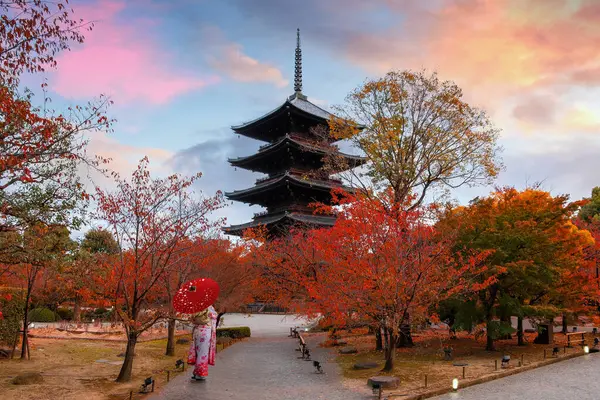Geleneksel Kimonolu Japon Kadın Kyoto 'daki Toji Tapınağı' nda güzel bahçeli ve sonbahar yapraklı.
