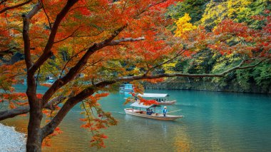 Kyoto, Japonya - 18 Kasım 2024: Arashiyama bölgesindeki Katsura nehrindeki Hozu Nehri Tekne Gezileri 'nde kimliği belirsiz kişiler