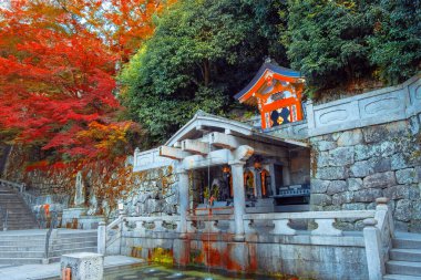 Kyoto, Japonya 'da sonbaharda güzel yeşillikleri olan Kiyomizu-dera tapınağının manzarası.